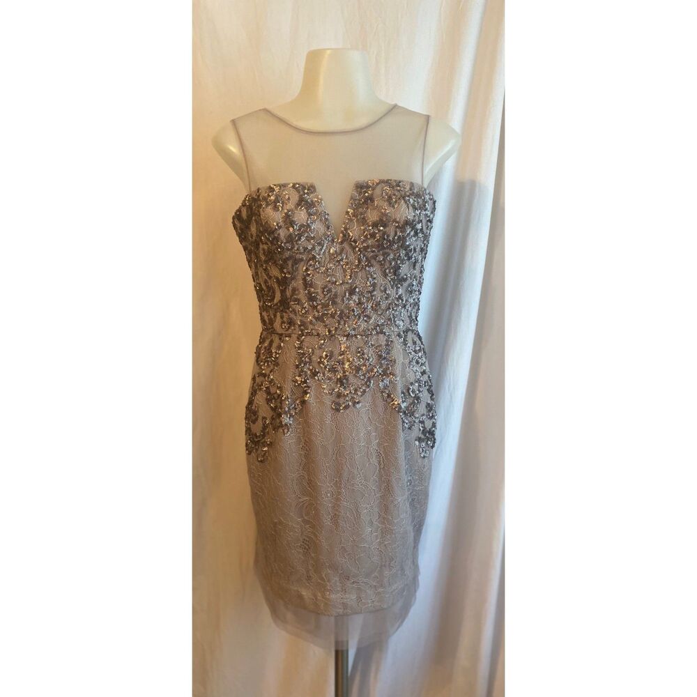 BCBGMAXAZRIA ABIGAIL PAISLEY GRAY AND LAVENDER SEQUINED COCKTAIL DRESS - Picture 1 of 8